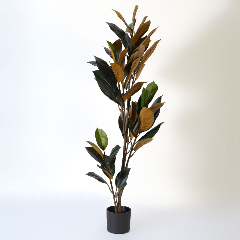 Planta de árbol de hoja de magnolia artificial marrón verde en maceta negra